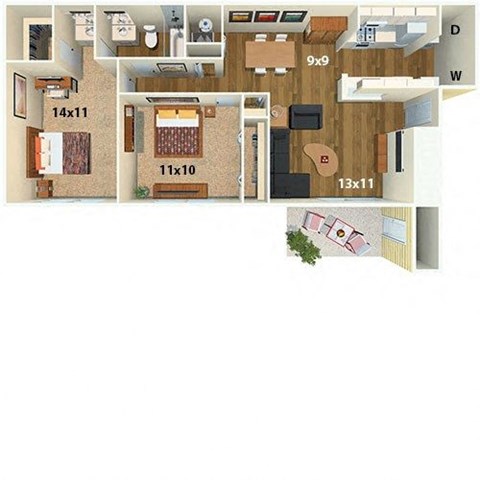 Floor plan for 2 beds, 1 bath, 830 sqft